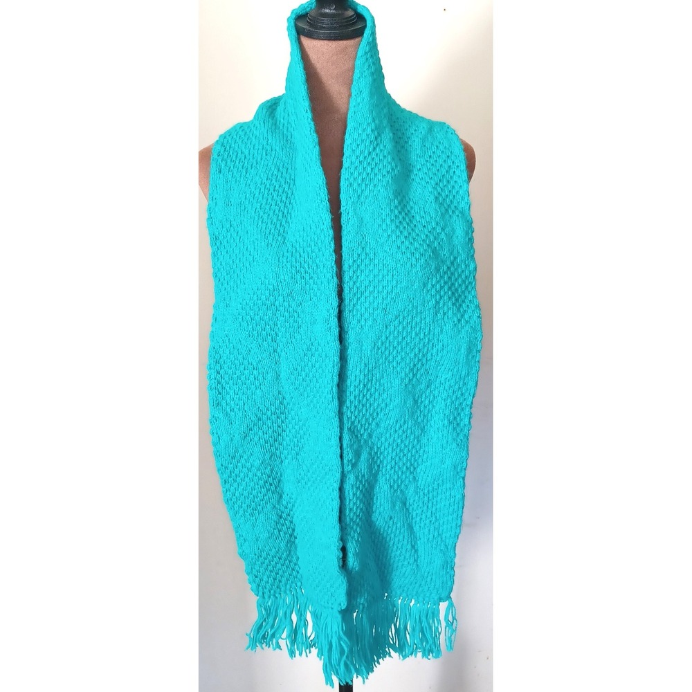 Handmade Knit Scarf Bright Turquoise Blue Textured Fringe Made in USA 32x6.5 80s